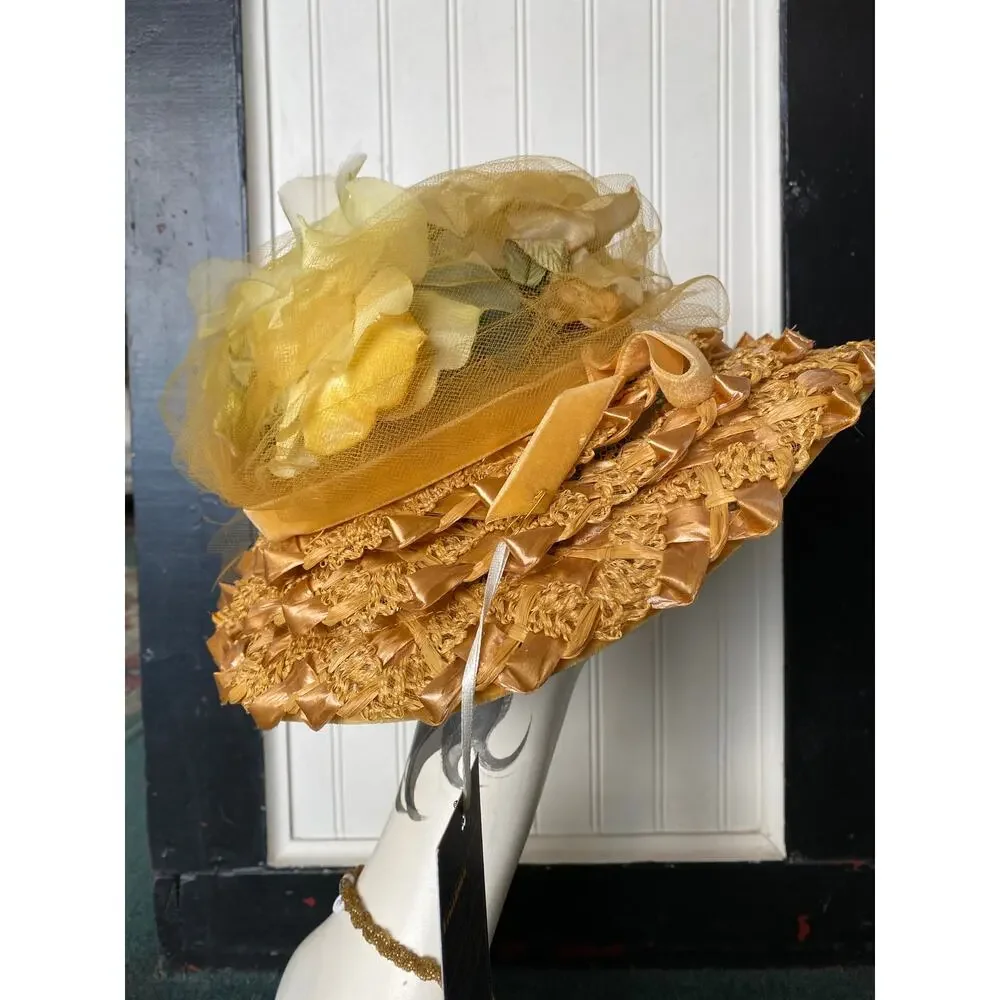 vintage 1960s wide brim straw hat rose petals 60s fashion tulle netting kentucky - Picture 5 of 8